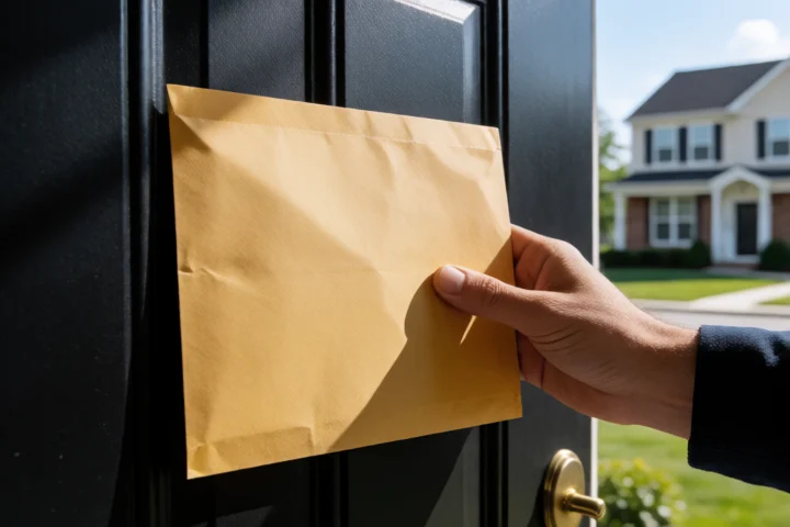 A hand firmly blocks an unmarked payment envelope at a residential doorway, representing refusal to pay an unverified payday-loan fee