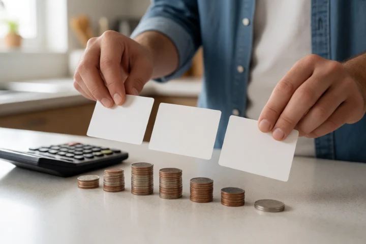 Hands arrange six distinct coins, blank cards, and payment markers in a measured row on a kitchen counter to show amount financed, fee, rate