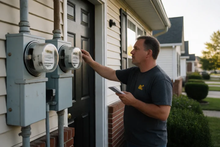 A utility worker pauses beside an exterior electric meter while a Virginia renter requests extra time at the entrance of a suburban home