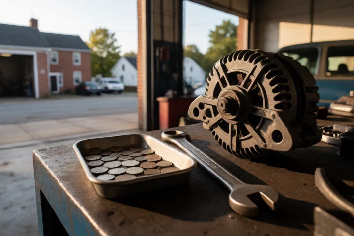 A small tray of coins rests beside a mechanic’s wrench and a detached alternator in an independent auto-repair garage near Winchester, Virginia