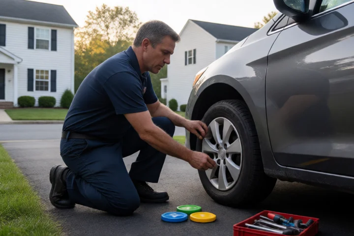 A mechanic places three colored payment tokens beside a repaired car wheel in a Winchester, Virginia, residential driveway