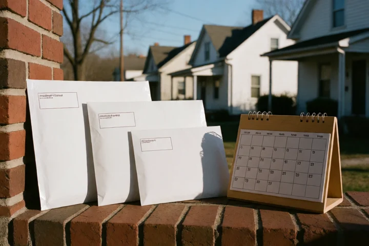 Three sealed, unmarked payment envelopes arranged beside a simple wooden calendar on a brick porch in Winchester, Virginia