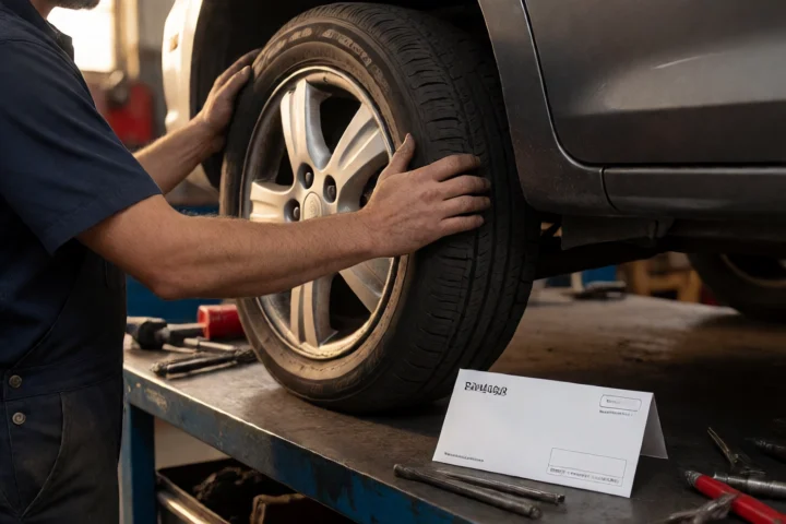A mechanic steadies a partially repaired car wheel on a workbench while a driver’s modest cash envelope rests nearby