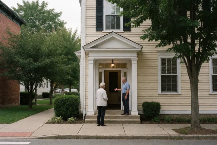 A resident pauses at the entrance of a Staunton social-services building while a community resource worker gestures toward a welcoming doorway