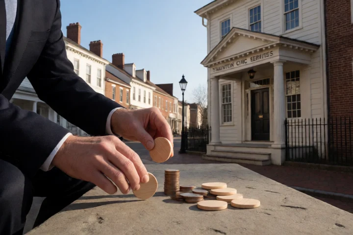 A borrower’s hands arrange five unmarked wooden tokens beside a small stack of coins on a stone bench outside a Staunton civic services building