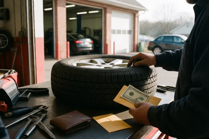 A vehicle owner compares a tire repair, a nearly empty wallet, and a small envelope of cash on a workbench outside a Charlottesville auto shop