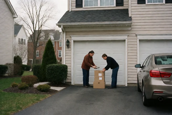 A household member separates a small stack of repair parts from a larger unopened delivery beside a Charlottesville townhouse garage