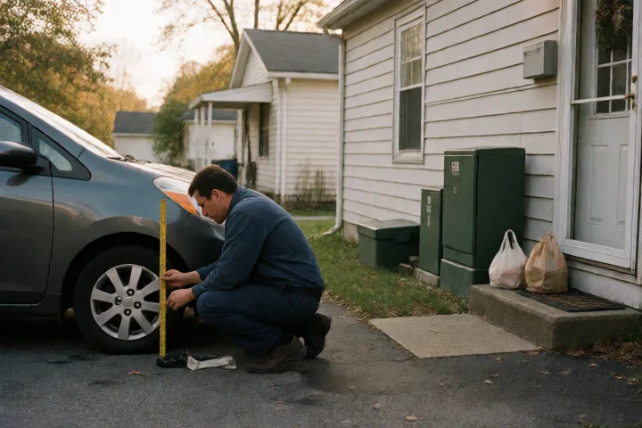A mechanic measures a damaged front wheel beside a compact car in a Charlottesville residential driveway, with a modest home, utility boxes