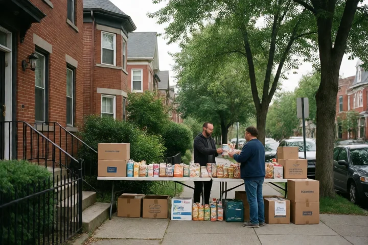 A community food-distribution table is arranged outside a Richmond neighborhood service center, with grocery staples, boxed supplies