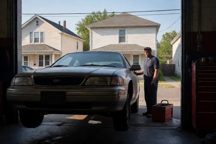 An auto mechanic pauses beside a raised car in a Richmond neighborhood repair bay