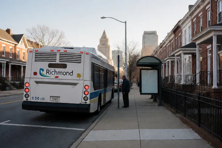 A Richmond city bus pulls away as a commuter waits beside a residential street, illustrating income timing against an urgent household deadline