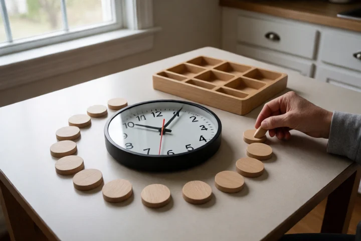 A hand marks several payment dates with plain wooden tokens arranged around an analog clock and a household budget tray