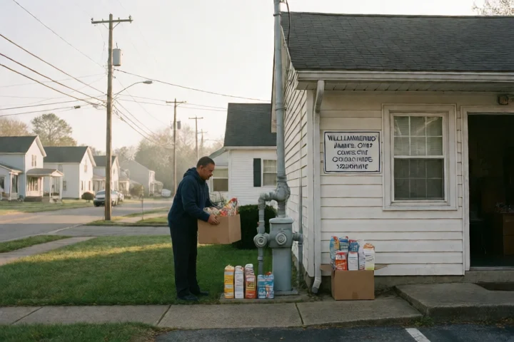 A community outreach worker places a grocery box beside a utility shutoff valve and a small stack of household essentials