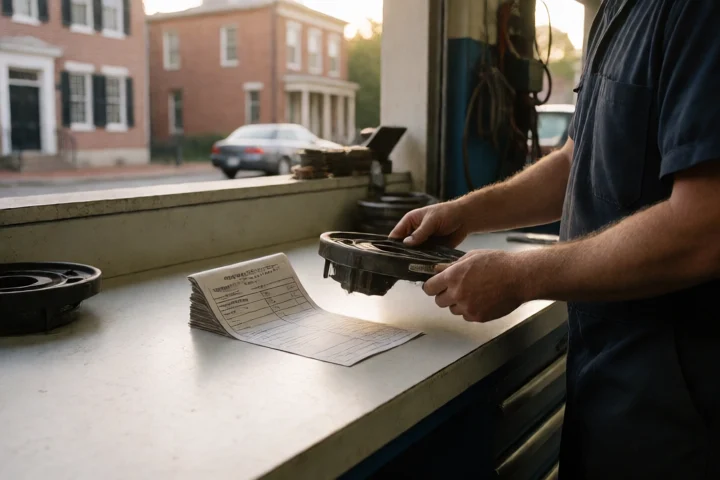 A mechanic sets one replacement car part beside a modest repair bill-sized stack of coins on a clean workshop bench