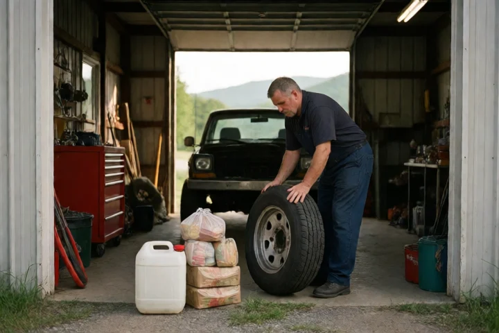 A Martinsville mechanic places a repaired tire beside a small stack of groceries and a fuel container