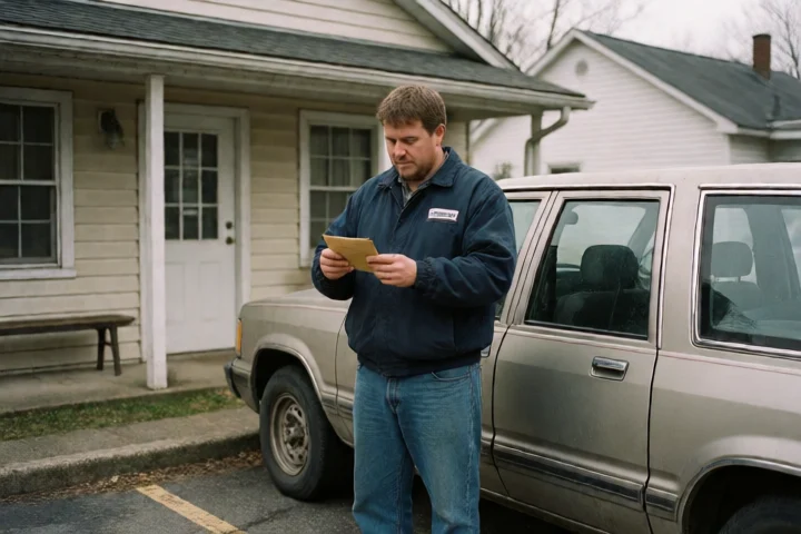 A Martinsville worker pauses beside a parked older vehicle while comparing a small envelope of cash with a nearly empty household budget tray