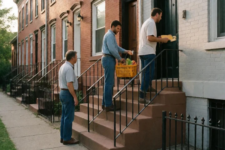 Three neighbors approach separate everyday obligations—a rent envelope, a grocery basket, and a transit pass—outside connected Alexandria