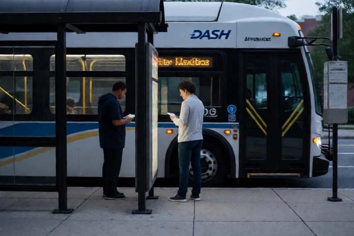 A DASH bus pulls away as a commuter checks a paper pay stub beside a sealed repayment envelope at an Alexandria, Virginia bus stop