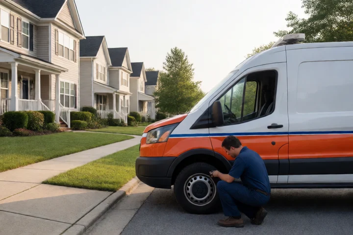 A vehicle repair van parked beside a Manassas neighborhood home while a mechanic checks a wheel