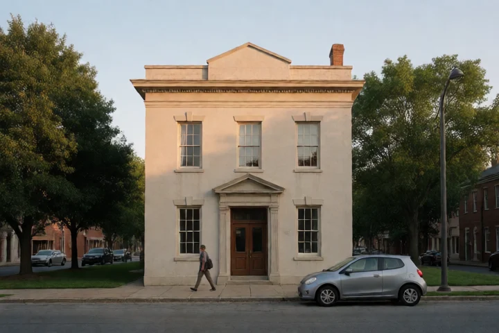 A historic Manassas civic building anchoring a quiet independent-city streetscape