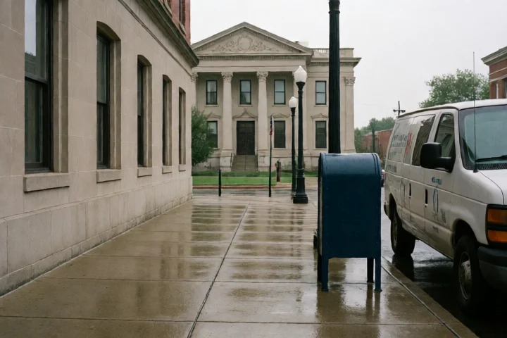 A Harrisonburg, Virginia, courthouse facade rises beyond a rain-darkened sidewalk beside a closed mailbox and a parked service van