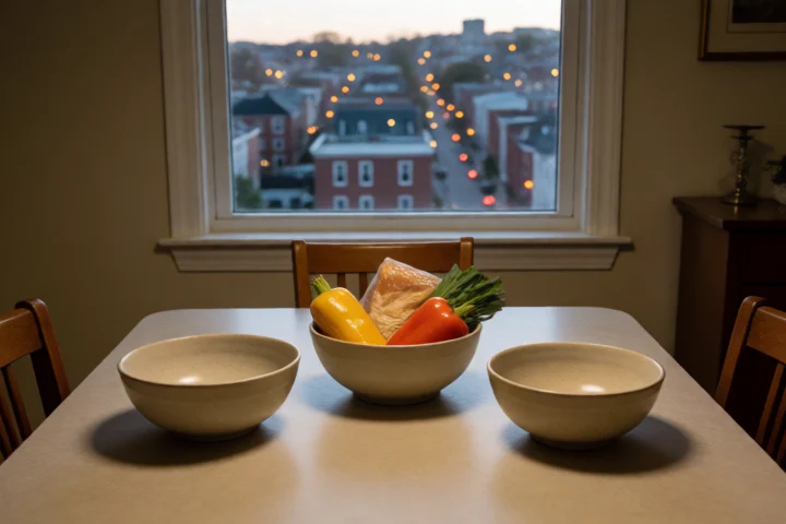 Three ceramic bowls hold separate portions of household cash, essential bills represented by groceries