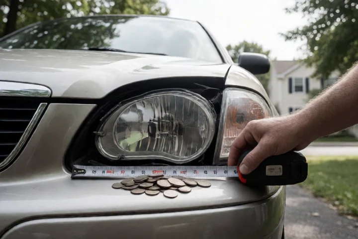 A hand stops a measuring tape at a modest pile of coins beside a damaged car headlight in a Harrisonburg, Virginia, driveway
