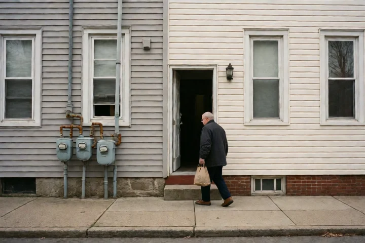 A resident carries a small grocery bag toward a city assistance doorway on a quiet Fredericksburg, Virginia street