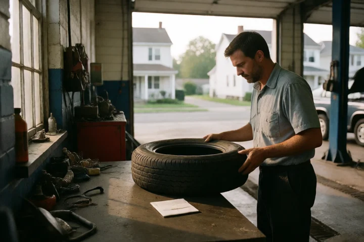 A mechanic places a damaged tire beside a small sealed cash envelope in a modest Fredericksburg, Virginia auto-repair bay