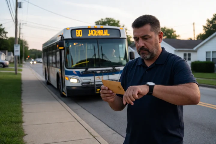 A city bus arrives as a Lynchburg, Virginia worker compares a small cash envelope with the time shown on a simple wristwatch