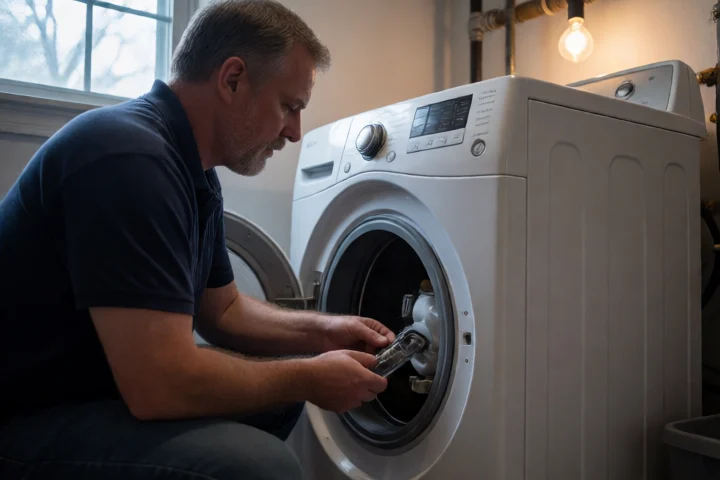 A homeowner checks the exposed pump of a broken basement washing machine in Lynchburg, Virginia