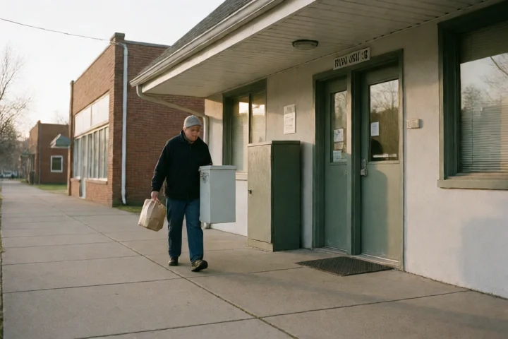 A resident carries a small grocery parcel and utility box past a modest civic services building in Roanoke