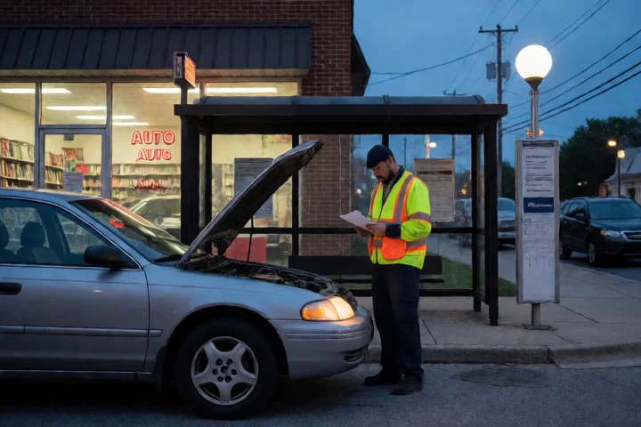 A Roanoke worker studies a repaired car while standing beside a quiet bus stop and an auto shop