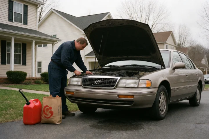 A mechanic checks a disabled sedan beside an open hood in a Roanoke residential driveway, with a fuel can, grocery bag