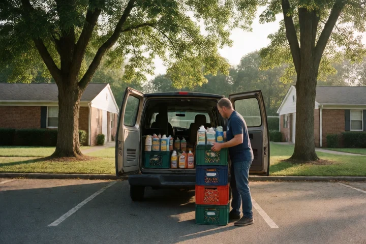 A community volunteer loads emergency food and household-supply crates into a van outside a neighborhood assistance center in Petersburg, Virginia