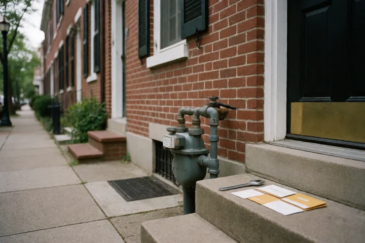 A homeowner checks an exterior water meter beside a brick Petersburg, Virginia row house while a wrench, utility shutoff handle