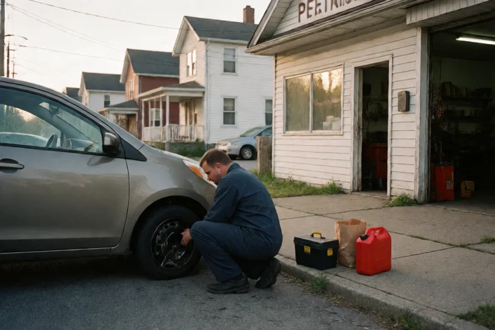 A mechanic inspects a damaged wheel beside a compact car outside a modest Petersburg, Virginia repair shop, with a small toolbox, grocery bag