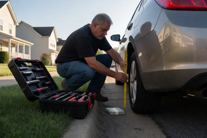 A Newport News resident measures a car repair gap beside an open tool case and a small stack of cash