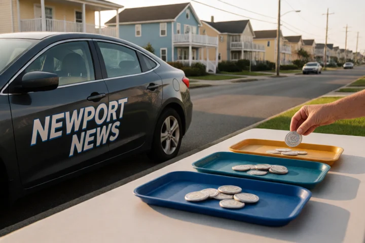 A hand places repayment tokens into three separate trays labeled only by position, beside a parked Newport News car and a coastal neighborhood street
