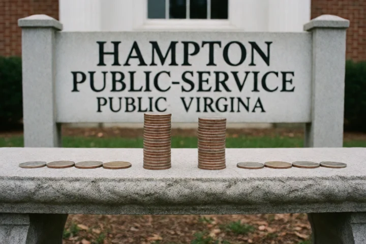 Two different stacks of coins and unmarked payment tokens are carefully aligned on a stone bench outside a Hampton, Virginia public-service building