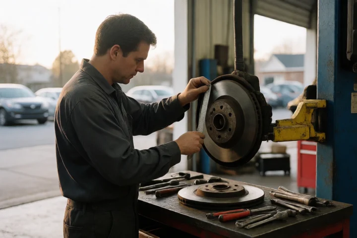 A mechanic measures the gap between a damaged brake rotor and a replacement part inside a Hampton, Virginia auto-repair bay