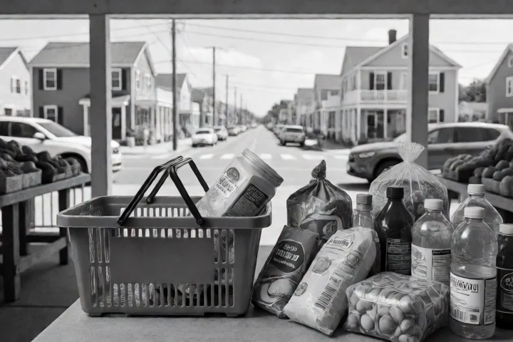 A nearly empty grocery basket is set beside a full household budget of essentials at a Norfolk neighborhood market