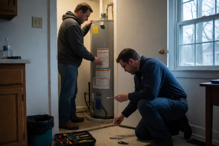A Norfolk renter checks a leaking water heater while a plumber places a small repair part on the floor