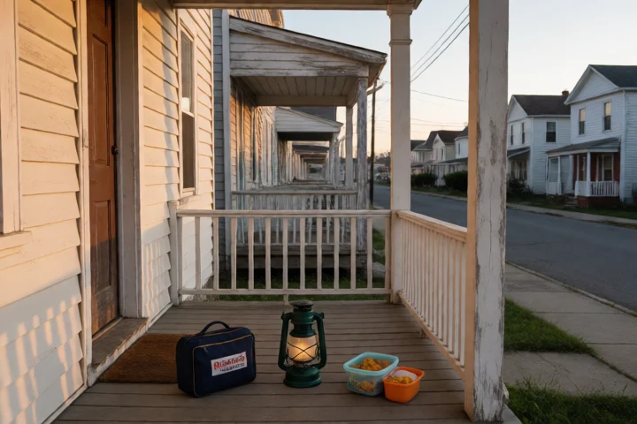Three distinct household emergencies appear across a Norfolk rowhouse porch: a medicine bag, a utility lantern, and a child’s lunch container