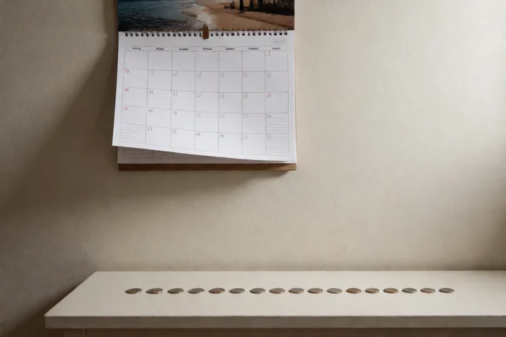 A wall calendar with its pages turned away from the camera hangs above a quiet Virginia Beach apartment entry bench