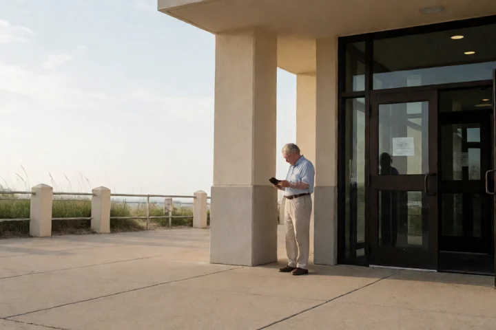 A Virginia Beach resident pauses beside a public-service building entrance while comparing a small emergency expense with the money in a plain wallet