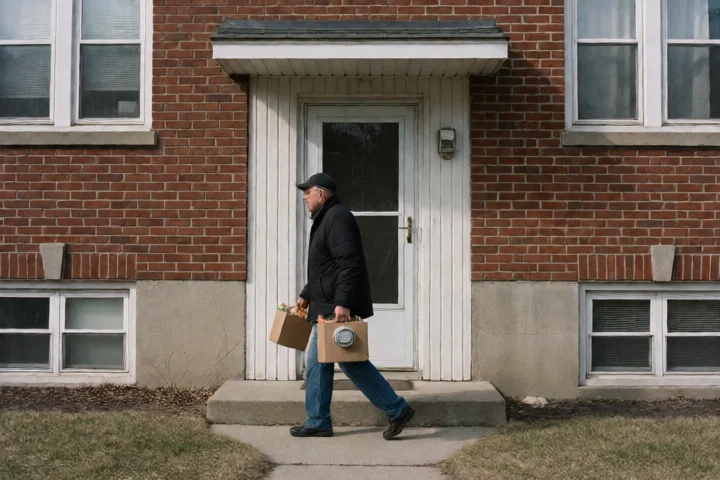 A Portsmouth resident carries a small grocery box and a utility shutoff-ready meter cover past a modest apartment entrance