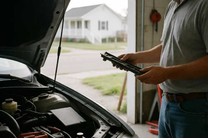 A repair technician holds one replacement component beside a car with its hood raised in a Portsmouth neighborhood garage