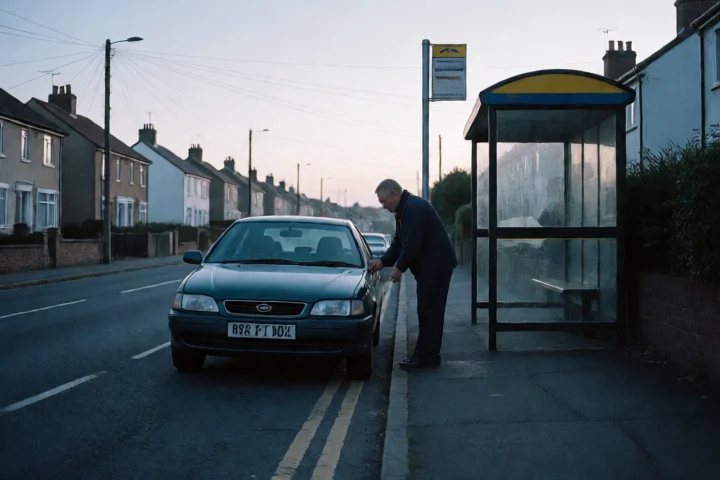 A Portsmouth worker checks the distance between a repaired car and a bus stop before an early shift, with the vehicle, curb