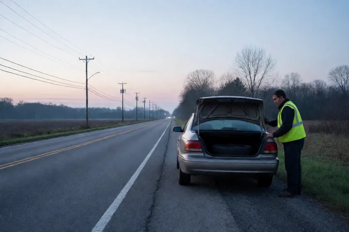 A disabled sedan waits on the shoulder near a Suffolk industrial road as a worker checks the open trunk